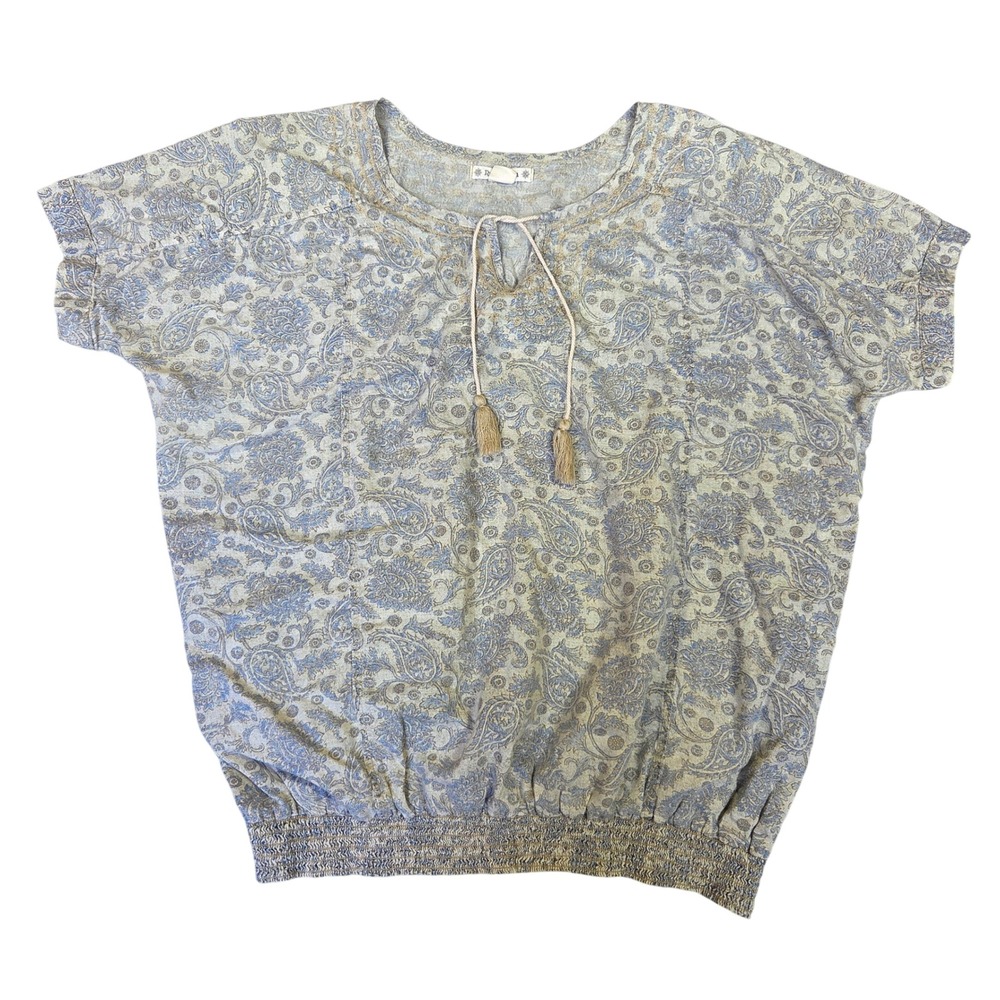 Ruffhewn Womens Blue Paisley Cotton Gauze Boho Tassel Smocked Hem Top Size M
